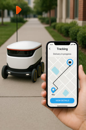 A person holds a mobile device showing a delivery tracking map while a delivery robot waits on the sidewalk nearby.の素材