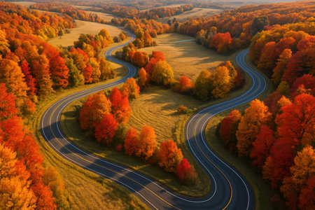 A winding road cuts through fields and colorful trees, showcasing bright autumn leaves under a clear sky during sunset.の素材