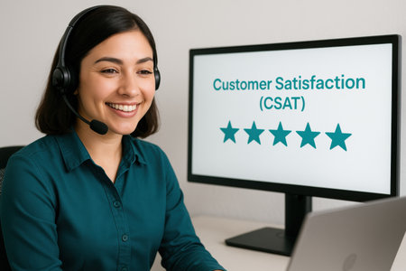 Woman Interacting With Customers Regarding Customer Satisfaction Metrics During Work Hours at an Office Environmentの素材