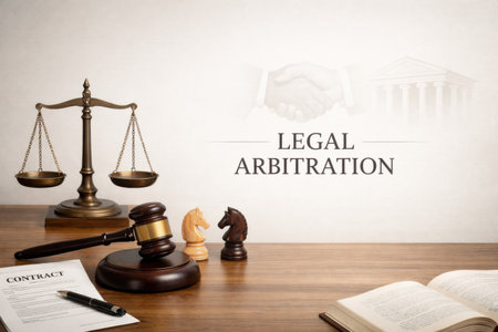 A gavel, scales of justice, and chess pieces are on a wooden table next to a contract in a legal setting with a light background.の素材