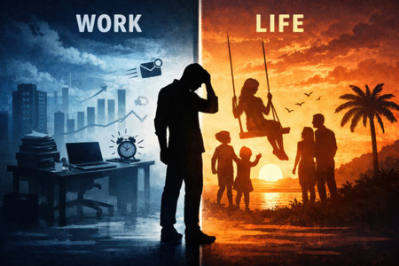 The scene shows two contrasting areas, one representing work with stress symbols and the other showing family time at sunset with children on swings.の素材