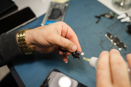 Hands Work on a Small Electronic Device While Applying a Liquid Substance in a Well-Lit Repair Space...