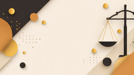The design shows a background with a balance scale set against clean shapes and colors, ideal for contract law contexts and presentations.の素材
