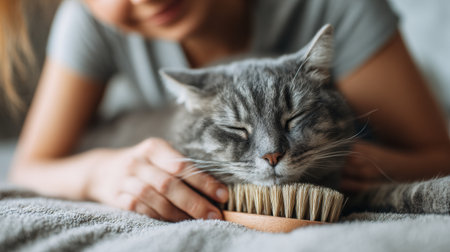 Gentle hands brush the fur of a relaxed cat during a caring moment in a soft, simple space, creating a bond of trust between pet and owner.の素材