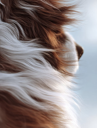 Fur moves elegantly in the breeze, emphasizing the care needed for long-haired pets. The background shifts softly, creating a gentle focus.の素材