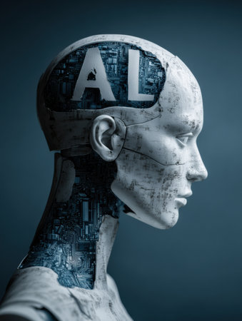 A figure representing artificial intelligence shows a digital design on the surface, highlighting the connection between technology and intelligence.の素材