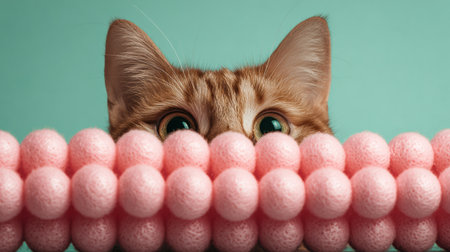 A cat observes colorful toy balls with a focused expression, showing curiosity and playfulness against a soft pastel background during playtime.の素材