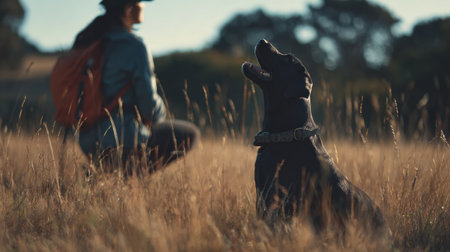 Dog takes a moment to pause while exploring the grassy area in the outdoors with owner in the background during an active lifestyle.の素材