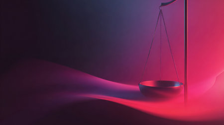 Scales of justice stand against a blended background of gradients showing a modern design suitable for corporate law settings.の素材