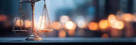 Balance scale stands in a setting representing justice and law with soft light creating an abstract background highlighting professionalism.の素材