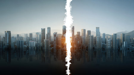 Dispute resolution in real estate highlighted by urban skyline with divided architectural spaces during early morning light.の素材