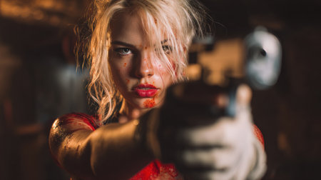 A woman points a gun directly ahead with a serious look on her face in a dimly lit space. Red stains on her attire add to the intensity.の素材