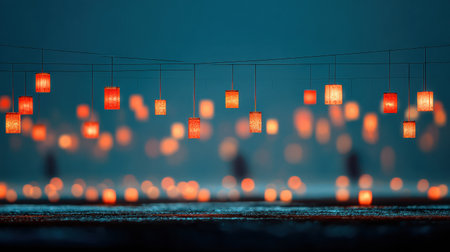 Lanterns hang in the night sky as people enjoy the lantern festival, creating a warm ambiance against a dark blue background.の素材