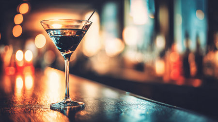 A glass cocktail sits on the bar as warm lights create a lively atmosphere during bartender day festivities at a popular location.の素材