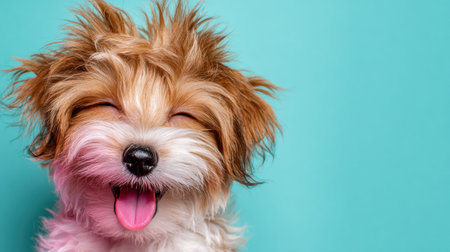 A joyful pet shows a relaxed expression after grooming. The pastel backdrop enhances the cheerful mood during grooming time.の素材