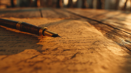 A fountain pen rests beside aged paper filled with handwritten notes.の素材