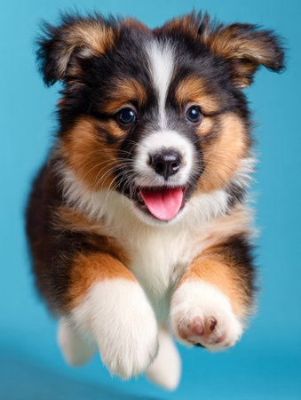 Puppy leaps in the air showcasing excitement and joy while promoting healthy nutrition options for pets in a minimal setting.の素材