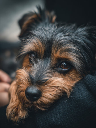 A pet receives grooming care, showing a trusting gaze towards the groomer in a setting designed for comfort and reassurance.の素材