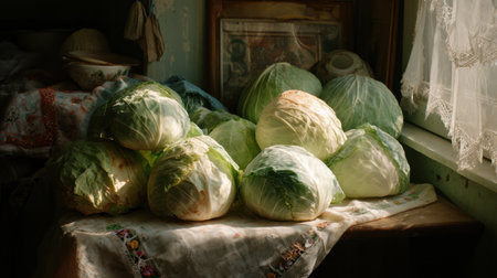 Cabbage is placed on a table in a kitchen, with sunlight shining through a window, creating a simple and genuine cooking scene.の素材