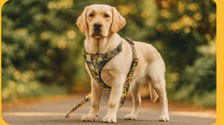 Dog stands confidently wearing a pet harness and leash in outdoor space on a clear day, ready for walking in the park with owner.の素材
