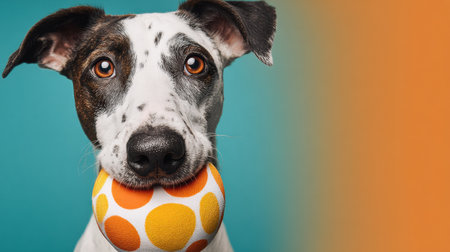 A dog is playfully holding a colorful ball in its mouth, waiting for playtime and excited about new toys arriving soon.の素材