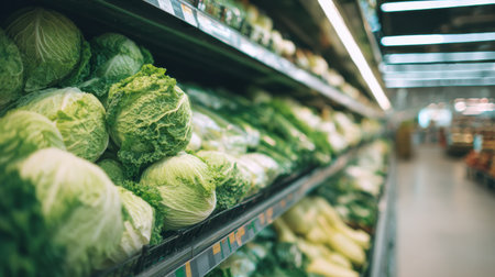 Fresh cabbage fills the shelves in a grocery store, highlighting the clean layout and inviting light in a healthy shopping setting.の素材