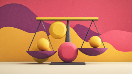 Shapes in warm colors create a balanced scene representing stability. The arrangement emphasizes themes related to insurance in a simple style.の素材