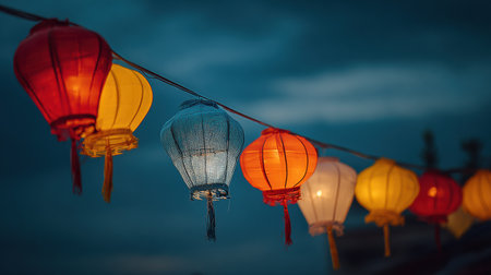 Colorful lanterns hang in the night sky during a lantern festival, creating a festive atmosphere with space for additional text.の素材