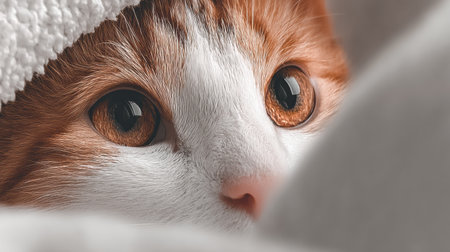 Close-up of a cats eyes showing emotion and warmth, highlighting its fur texture against a smooth gradient background with space for text.の素材