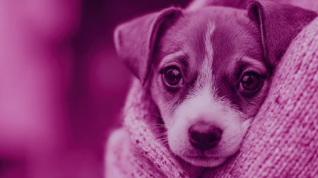 A puppy looks up with gentle eyes while wrapped in a warm blanket, creating a bond and sense of comfort for pet owners through this design.の素材