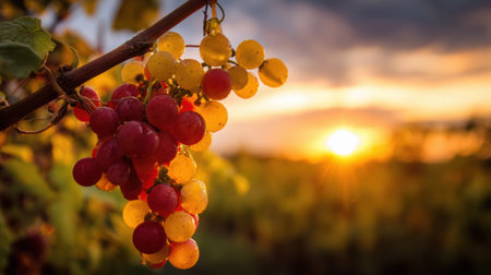 Bunches of ripe grapes hang on the vine as the sun sets over the vineyard in the late summer, signaling the harvest time for the season.の素材