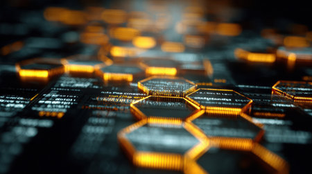 Digital design displays a cyber compliance framework with hexagonal shapes and glowing elements in a network of data and information structuresの素材