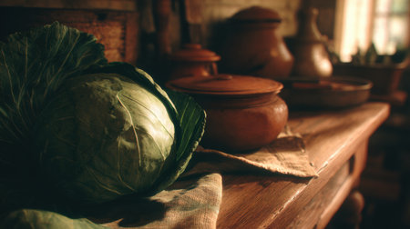 Cabbage sits on a wooden table in a kitchen filled with natural light, highlighting the simplicity of home cooking and daily life.の素材