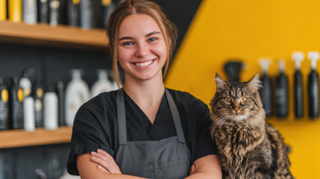 A pet groomer stands confidently beside a well-groomed cat in a modern grooming space. The location features stylish decor and grooming products.の素材