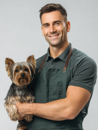 A pet groomer stands confidently with a small dog in his arms against a simple background, highlighting the professionalism in pet grooming.の素材