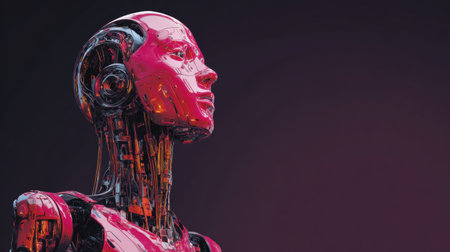 A robotic figure stands prominently against a dark backdrop. The design showcases modern technology and artificial intelligence concepts.の素材