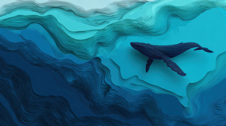 Whale swims through deeper waters with a smooth gradient background during a whale day event that highlights ocean life and ecology.の素材