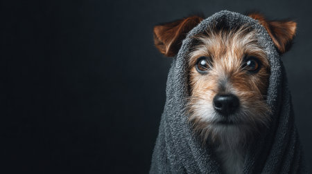 A dog sits wrapped in a soft towel, enjoying the warmth after a bath in a grooming salon with a comfortable ambiance.の素材