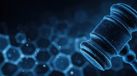 Abstract representation of a legal concept featuring a gavel and structured elements in a digital style with space for text.の素材
