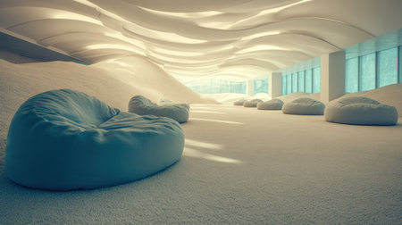 Soft natural light fills a spacious area with soft seating and abstract shapes. This setup invites guests to relax and restore their energy.の素材