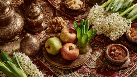 Nowruz table features symbolic items like apples and hyacinths arranged around a colorful tabletop, inviting the spring equinox celebration.の素材
