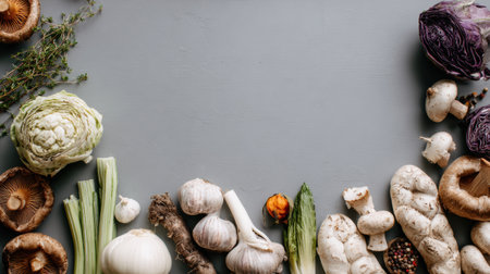 Fresh fruits and vegetables are arranged on a muted surface with space around them, ideal for eco-friendly food branding or marketing projects.の素材