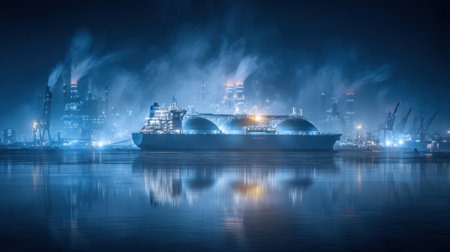 LNG tanker loads at a terminal with cryogenic domes. Vapor trails fill the scene, showcasing advancements in gas export through sleek design.の素材
