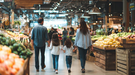 A family of four shops together in a supermarket, exploring fresh fruits and vegetables in a bright and open space with shoppers all around.の素材