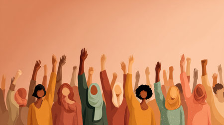 Participants raise hands to show solidarity for social justice, highlighting unity and support for diverse communities.の素材
