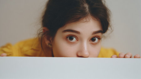 A person peers over a surface with curious surprise, exploring something unexpected in a simple and modern backdrop.の素材