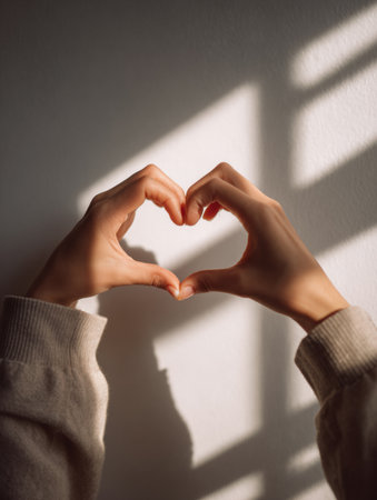 Two hands create a heart shape against a soft background light, showing a sense of connection. Shadows add depth to the warm scene.の素材