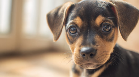 A puppy displays gentle surprise with a curious head tilt while warm light fills the room. Family members can be seen interacting nearby.の素材