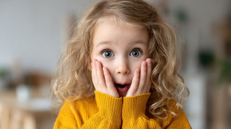 A young child shows a look of surprise and happiness with hands on cheeks in a simple home environment, focusing on family and learning.の素材