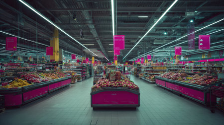 Supermarket interior features organized aisles with food displays and product arrangements, providing a good shopping environment for customers.の素材